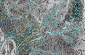 Map showing imported KML, overlaid on WMS data, overlaid on satellite tile data.